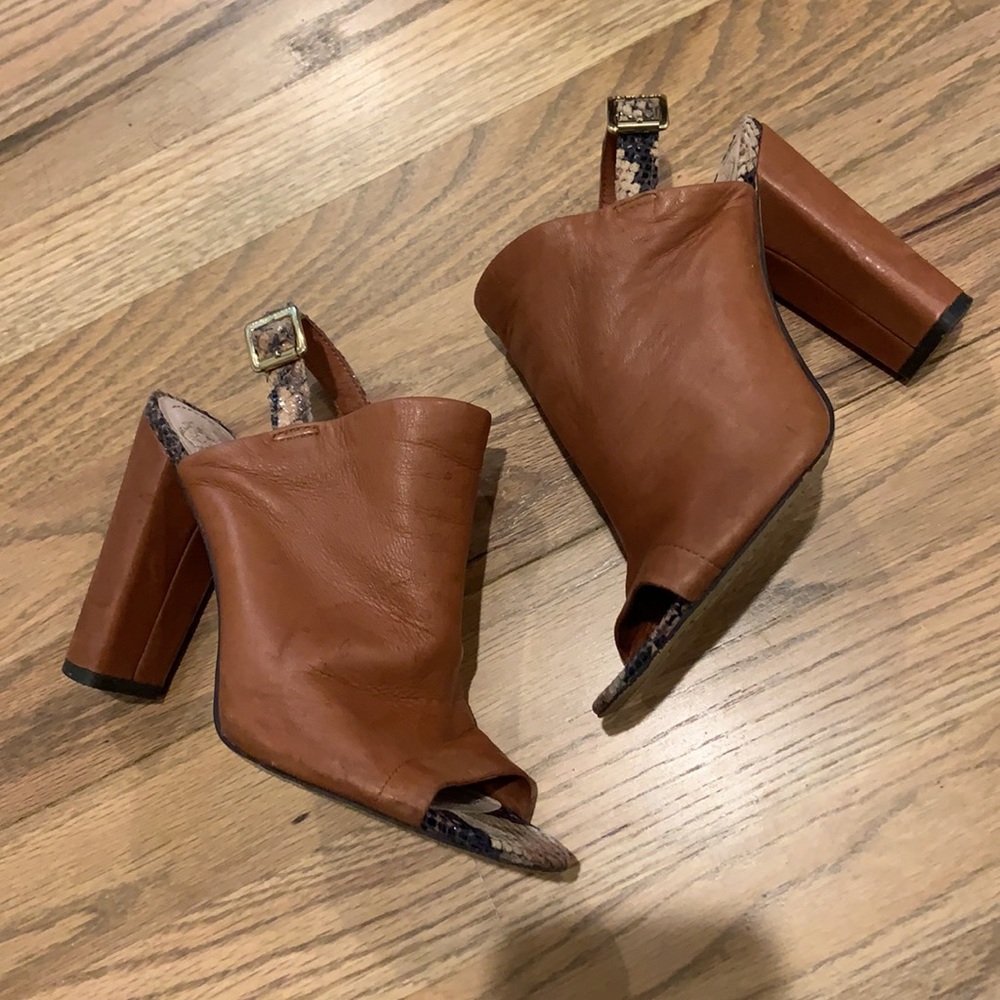 Vince Camuto brown and snakeskin mule high heels